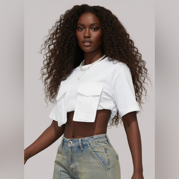 Women’s Ultra Short Cargo Crop Top with Round Neck and Pocket - Casual - Picture 11 of 14